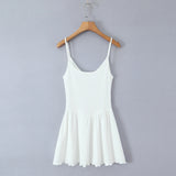 Purpdrank  Sexy White Rib Knitted Cotton Low Waist Sling Dress Women Bow V neck Ruched A-lined Swing Short Dresses Summer Vestidos  Robe