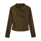 Purpdrank  Spring Women Faux Suede Motorcycle Jacket Long Sleeve Zipper Slim Short Coat Female Crop Top