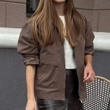 Purpdrank  Vintage Autumn Women Contrast Color Lapel Safari Coat Front 2 Pockets Open Zipper Long Sleeve Cotton Jacket Loose Outerwear