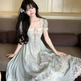 Purpdrank  French Gentle Style Vintage Women Dress Sweet Bow Short Sleeve Dress Lace Splice Korean Popular Chic Long Dress New Summer 2025