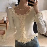 Purpdrank  Women's Ruffled Sweater Long Sleeve Slim Fit Rib Knit Top Pullover Jumper Ladies Fairycore Coquette Y2K Gyaru Shoujo Girl Outfit