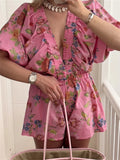 Purpdrank  Women Deep V-Neck Loose Rompers Floral Print Short Puff Sleeve Summer Jumpsuits High Waist Playsuits Streetwear