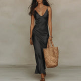 Purpdrank  Spring Summer Bohemian Beach Vacation Dress Sexy Deep V Neck Solid Satin Long Dress New Sleeveless Hollow Out Women's Maxi Dress