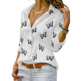 Purpdrank Women Long Sleeve Blouse Oversized Spring Autumn Turn Down Collar Loose Office Lady Casual Butterfly Printing Basic