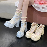 Purpdrank  Sweet Cute High Heel Design Single Shoe Thick Bottom Waterproof Platform Bow Decoration Lolita Casual Women's Vulcanized Shoes