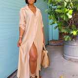 Purpdrank  Solid Satin Long Sleeve Shirt Dress Women Turn-down Collar Single Breasted Button Loose Fit Casual Maxi Dresses Sundress Vestido