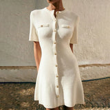 Purpdrank  White Elegant Knitted Mini Dress For Women Metal Button Sexy Slim Rib Sweater Dress Holiday Party Outfits Autumn New