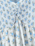 Purpdrank  Sexy White Blue Flower Print Ruffle Strap Mini Dress V neck Ruched Elastic Chest Corset Sleeveless Short Tank Robe Holiday Woman