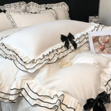 Purpdrank  Korean Style Lace Ruffles Princess Bedding Set, Duvet Cover, Bed Skirt, Fitted Sheet, Flat Sheet, Pillowcases, Black Bow, White
