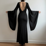Purpdrank  Gothic Lace Trim Bodycon Dress Elegant Fashion Dark Slim-Fitting Solid Deep V-Neck Long Flare Sleeve Maxi Dresses Women