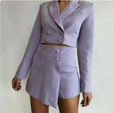 Purpdrank  Vintage Sexy Double-breasted Button Short Women Blazer High Waist Irregular Shorts Short Pants Long Sleeve Suits 2 Pieces Set