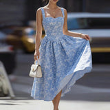Purpdrank  Elegant Sexy Backless Print Dress Women Square Neck Sleeveless A-Line Dress Casual Summer Swing Bridesmaid Cocktail Prom Dresses