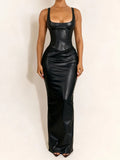 Purpdrank  Women's Sexy Square Neck Low-Cut PU Leather Long Dress Solid Color Corset Waist Bodycon Slit Evening Gown for Night Party