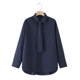 Purpdrank  European style new women's fashionable and versatile solid color loose-fitting poplin long-sleeved shirt with tie.