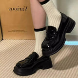 Purpdrank  Women's Retro British Style Black Leather Shoes 34-46 Large Size Uniform Single Shoes Thick Bottom Flat Heels round Toe