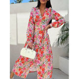 Purpdrank  S-XXL Women's Fashion V-neck Single Breasted  Long Party Dress Ladies Casual Printed Waist Comfortable Versatile Dress