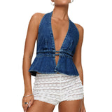 Purpdrank  Women's Y2K Summer Halter Neck Crop Tops Bow Tie-up Sleeveless Deep V-Neck Backless Solid Color Denim Flare Vest