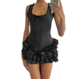 Purpdrank  Women Fashion Vintage Grunge Emo 00s Aesthetic Bodycon Rompers Lace Trim Bowknot Sleeveless Zipper Layered Jumpsuits