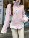 Purpdrank  American Style Retro Solid Polar Fleece Sweet Warm Jacket Women Slim Waist Y2k High Neck Coat New Fashion Casual Winter Clothing
