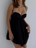Purpdrank   Sexy Black Spliced Embroidery Lace Bra Corset style Mini Dress Women Tie Bow Backless Party Skater Short Sling Robe Holiday