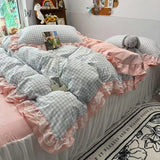 Purpdrank  Ins Princess Bedding Set Latticed Simple Elegant Skirt Bed Sheet Set With 2 Pillowcases Queen Size For Women Teens Bedcloths