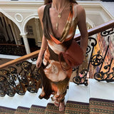 Purpdrank  Summer Women's Clothing Retro Temperament Swing Collar Contrasting Color Printing Versatile High Waist Long Dress