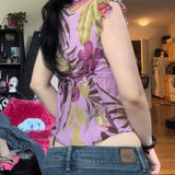 Purpdrank  Y2K Women Floral Print Flying Sleeve Crop Top Vintage 2000s Fitted Back Lace-up V Neck T-shirt Summer Fashion Tees