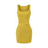 Purpdrank  Sexy U Collar Rib Knitted Cotton Short Tank Dress Women Ruched Waist Sleeveless Stretch Basic Package Hips Robe Vestido