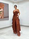 Purpdrank  Casual Chiffon Ruffles Pants Women's 2 Piece Sets V-neck Sleeveless Split Tops Loose Wide Leg Trousers 2025 Summer Lady Outfits
