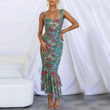 Purpdrank  Women's Sundress Elegant Party Bodycon Dress Colorful Printed Sleeveless Camisole Dress Ruffle Ruched Zipper Slim Fit Long Dress