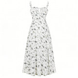 Purpdrank  Women's Floral Print Spaghetti Strap Maxi Dress Slim Fit Tie Front Ruched Vintage Boho Dresses Holiday Vacation Summer Sundress