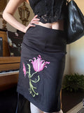 Purpdrank  Vintage Elegant Temperament  Medium Strecth Flower Embroidery A-LINE Slim Skirts