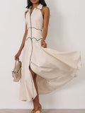 Purpdrank  Cotton Linen Contrast Dress Women Lapel Single Breasted Sleeveless Vestidos Female 2025 Spring Summer Chic High Waist Dresses