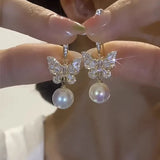 Purpdrank New Fashion Crystal Zircon Butterfly Earrings For Women Luxury Rhinestone Pearl Earrings Girls Party Wedding Statement Jewelry