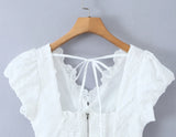 Purpdrank  Sweet White Embroidery Hollow Out Flower Cotton Lace V neck Short Puff Sleeve Shirt Women Zipper Elastic Back Slim Crop Tops