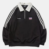 Purpdrank  American Style Vintage Autumn Winter Sweatshirts Women Lapel Patchwork Half Zipper Label Preppy Style Long Sleeve Loose Hoodies