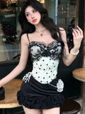 Purpdrank  Black Sexy Women Summer 2 Piece Set Lace Patchwork Chic Tops + Rose Mini Skirt Harajuku Club Party High Street Retro Outfits New