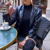 Purpdrank  Women's Double-Breasted Long-Sleeved PU Leather Jacket with Pockets Solid Color Fashion Small Suit for Autumn Winter