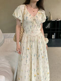 Purpdrank  Summer Bohemian Floral Printed Women's A-line Dress 2025 New V-neck Puff Sleeve Casual Loose Umbrella Long Dress Female