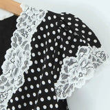 Purpdrank  Women Black White Dot Print Spliced Lace V neck Short Sleeve Dress Retro French Style Mini Dresses Summer Robe Femme Vestidos