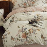 Purpdrank  4Pcs Luxury Butterfly Blooming Flowers Print Bedding Set 100% Egyptian Cotton Duvet Cover Set Bed Sheet/Fitted Sheet Pillowcases