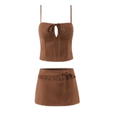 Purpdrank  Sexy Lacing up Bow Collar Camisole Tank Top +  Side Zipper Low Waist Wood ears Front A-lined Short Skirt 2 Pieces 1 Set Coffee