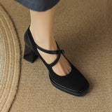 Purpdrank - Mary Jane Shoes 2023 Autumn New Vintage Style Elegant High Heels Square Head Shallow Mouth Cross Buckle Shoes Women