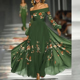 Purpdrank  Fall Off The Shoulder Lantern Sleeve Maxi Dress Woman Spring Elegant Floral Print Hem Long Dress Sexy Backless Hollow Boho Dress