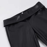 Purpdrank  Basic Solid Pu Leather Flare Pants Casual Slim Folds Low-Waisted Wide Leg Pants Women Autumn Spring Streetwear Office Lady