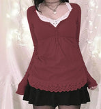 Purpdrank  Y2k Cottage Lace Trim Babydoll T-shirt Autumn Button Up Long Sleeve Pullovers Tops Women Cyber Grunge Loose Fit Blouse Tees