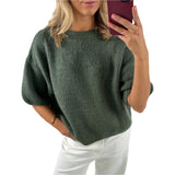 Purpdrank  Women's Spring Autumn Knit Sweaters Half Sleeve O Neck Solid Color Casual Knitwear Loose Pullover Tops