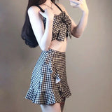 Purpdrank  Women Retro Houndstooth Ruffle Bow Sweet Two Piece Swimsuit Y2K Lace-up Adjustable Strap Tankini Set Sexy High Waist Mini Skirt