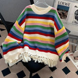 Purpdrank  Chic Rainbow Stripe Colourful Tassel Sweater Outer Wear Women Autumn Winter Y2k Loose Lazy Design Knit Top Pullover Fairy Grunge