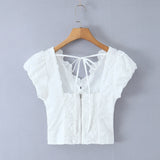 Purpdrank  Sweet White Embroidery Hollow Out Flower Cotton Lace V neck Short Puff Sleeve Shirt Women Zipper Elastic Back Slim Crop Tops